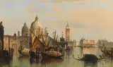 St Clair Augustin Mulholland, Venice, traders arriving at Dogana da Mar, oil on canvas