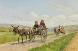 Hermann Reisz, The Journey home in donkey carts, oil on canvas
