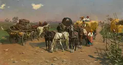 Lazlo Pataky von Sospatak, Hungarian horse-drawn carts at harvest time, oil on canvas