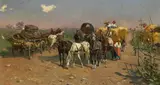Lazlo Pataky von Sospatak, Hungarian horse-drawn carts at harvest time, oil on canvas