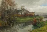 Hugo Darnaut, Farmhouse by the river, oil on cardboard