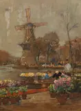 Hans Herrmann, Flower market in Amsterdam, oil on cardboard