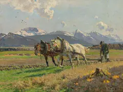 Otto Strützel, Beim Pflügen" (Ploughing the fields), oil on canvas