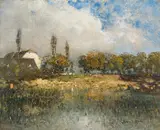 Robert Russ, Landscape with farmhouses on a lakeshore, oil on panel