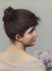 Alfred Seifert, Lady with Lilac Bouquet, oil on panel