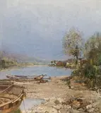 Robert Russ, Transport boats on the Danube (motif from Joching), oil on cardboard