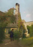 Josef Kinzel, Yard in the Wachau with blossoming wild roses, oil on cardboard