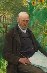 Josef Kinzel, Man reading newspaper in the garden, oil on panel