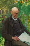 Josef Kinzel, Man reading newspaper in the garden, oil on panel