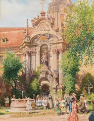 Stiftshof in Dürnstein by Jindřich Tomec, 1918, mixed media on paper on canvas, sold Mar 2022