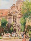 Jindřich Tomec, Stiftshof in Dürnstein, 1918, mixed media on paper on canvas