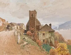Rudolf Weber, Danube bank with the fortified church of St. Michael in the Wachau, 1909, mixed media on paper