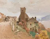 Rudolf Weber, Danube bank with the fortified church of St. Michael in the Wachau, 1909, mixed media on paper