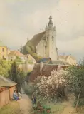 Rudolf Weber, View of the Piarist Church in Krems/Donau, 1946, watercolour on paper