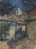Carl Weiss, Dürnstein at night, watercolour on paper