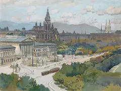 Gustav Jahn, Vienna, View from the Burgring on the parliament and city hall, 1906, mixed media on cardboard