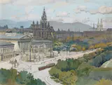 Gustav Jahn, Vienna, View from the Burgring on the parliament and city hall, 1906, mixed media on cardboard