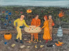 Arik Brauer, The council, mixed media, gouache on paper; framed