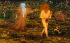 Arik Brauer, Orpheus und Eurydike, oil on plate; framed