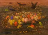 Arik Brauer, Die letzte Pfütze, oil on board; framed