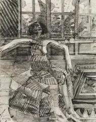 Heinz Stangl, Seated female in the studio, 1979, India ink wash; framed