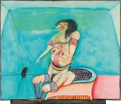 Franz Ringel, Seated female in a blue drawing room, 1975, mixed media on paper on panel; framed