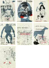Franz Graf, Series of 7 screen prints (Au Fut; Inmagyn; Delle Belle Arti; Warum; Copyou; Ja Nein; Bon Annee), 2000, seven, double-sided screen printed hard foils (Tundra 0,4 mm); behind glass