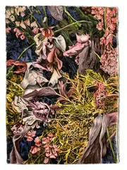 Michaela Spiegel, Violet vagina flowers on mellow yellow, 2021, pastel on paper; framed