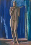 Alfons Walde, Female nude in blue with bonett, c. 1925, pastel on paper