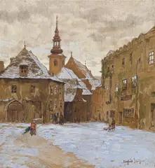 Siegfried Stoitzner, Hoher Markt in Krems in the pre-Christmas season, mixed media on cardboard