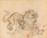 Lion eating by Ludwig Heinrich Jungnickel, black and red chalk, watercoulor on paper, sold Mar 2022
