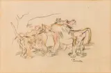 Monkey family - baboons by Ludwig Heinrich Jungnickel, mixed media on paper, sold Mar 2022
