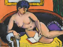 Helmut Arnez, Nude (Reading girl on black sofa), 1962, oil on canvas