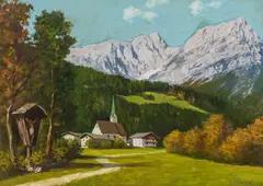 Wayside shrine in front of a mountain village by Karl Pancheri, Oil on hardboard, sold Mar 2022
