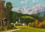Karl Pancheri, Wayside shrine in front of a mountain village, Oil on hardboard