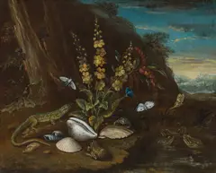 Still life of forest ground with lizard, butterflies and shells by Karl Wilhelm de Hamilton, oil on canvas, sold Mar 2022
