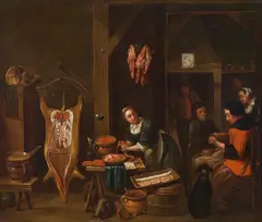 The sausage kitchen by David Teniers the Younger, c. 1700, oil on canvas, sold Mar 2022