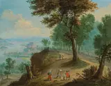 Jan Frans Bredael, Travellers and farmers in a forest landscape with a view of a river, oil on copper