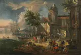 Pieter Casteels II, Harbour scene with merchants and farmers, oil on canvas