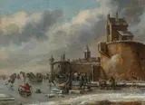 Thomas Heeremans, Ice skaters and sledders in front of a city, oil on panel, parqueted