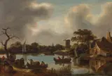 Klaes Molenaer, River landscape with fishing boats and windmill, oil on panel