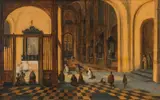 Pieter Neeffs the Elder, Interior of a Gothic church with service in a side chapel, oil on panel, parqueted