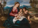 called Titian Tiziano Vecellio, Madonna with child and Infant Saint John the Baptist in a landscape, oil on canvas