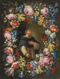 Jan Pieter Brueghel, Portrait of a Monk in a Wreath of Flowers, c. 1660-65, oil on copper