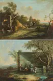 Christian Hilfgott Brand, Landscape with travellers and farmers at a well (counterparts), oil on wood panel, unframed