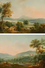 Josef Heideloff, Wide landscape with shepherds and flocks (counterparts), oil on panel