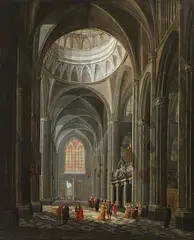 Ludvík Kohl, Church interior with strolling court society, oil on canvas