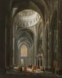 Ludvík Kohl, Church interior with strolling court society, oil on canvas