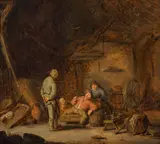 Cornelius Mahu, Drinking peasants in a barn, oil on panel