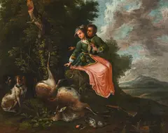 Wenzel Ignaz Brasch, Verliebtes Jägerpaar in einer Landschaft, oil on canvas
